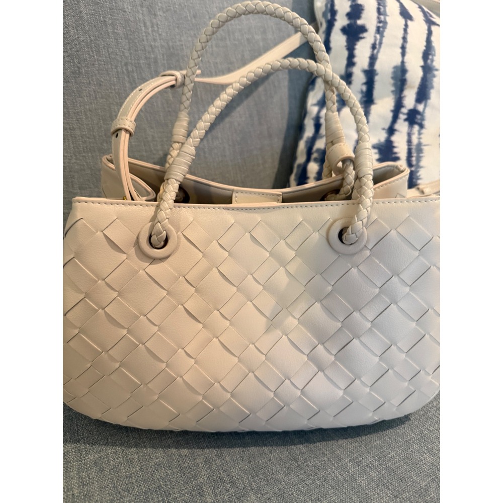 Verano Hill Cream Woven Leather Tote Braided Handle Crossbody Satchel Off-White